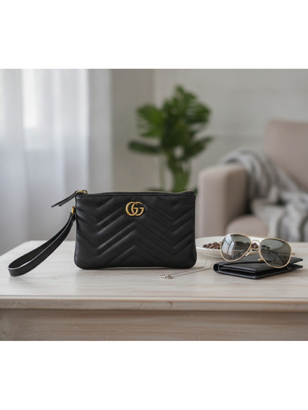 Gucci Black Leather GG Marmont Quilted Wristlet Clutch with Heart Detail